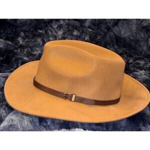 Women’s Tan 100% Wool Fedora Hat Wide Brim Leather Band  – Gelso Bianco